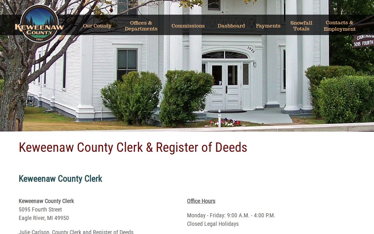 Keweenaw County warrant check page showing the county clerk records counter contact