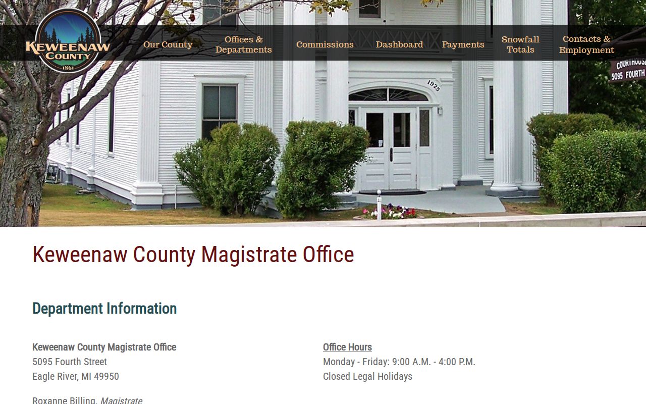 Keweenaw County traffic warrant page showing the district court magistrate citation and hearing services