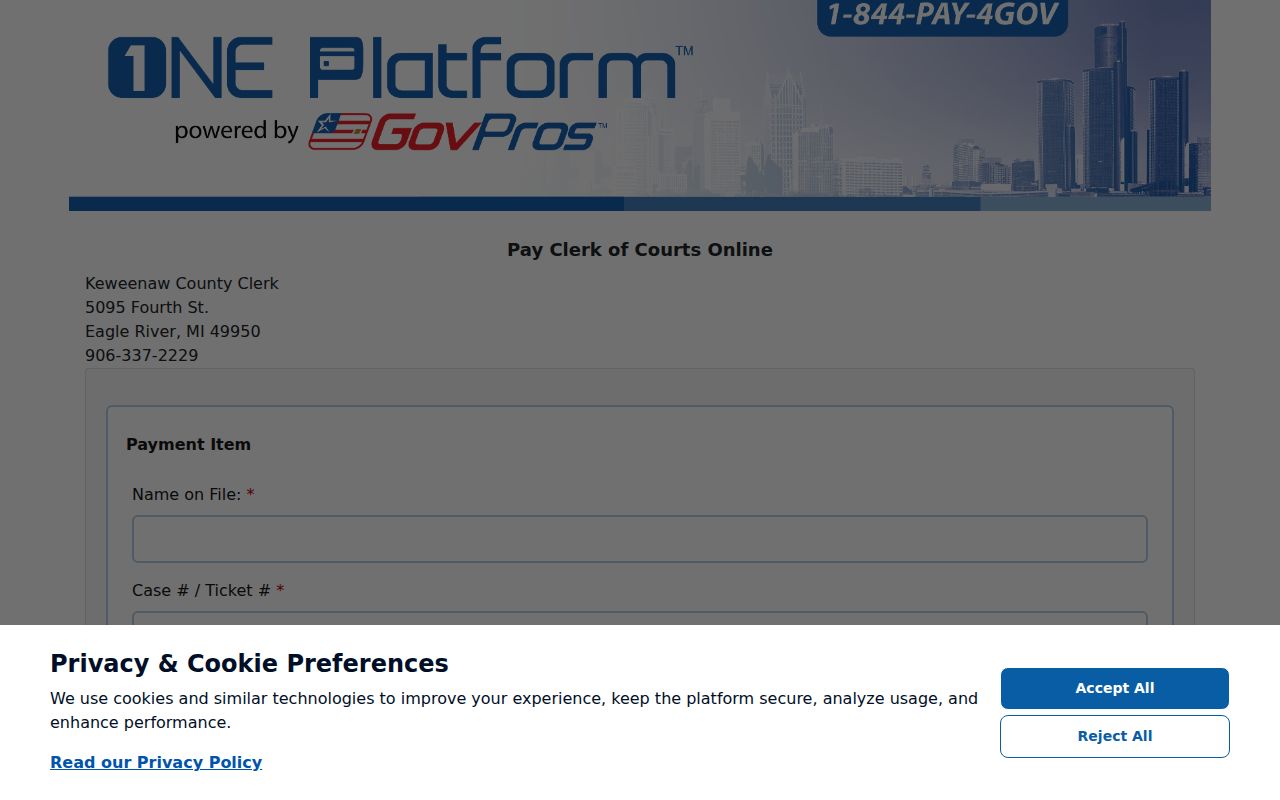Ahmeek warrant records page showing Keweenaw County clerk payment form fields for court fines and costs