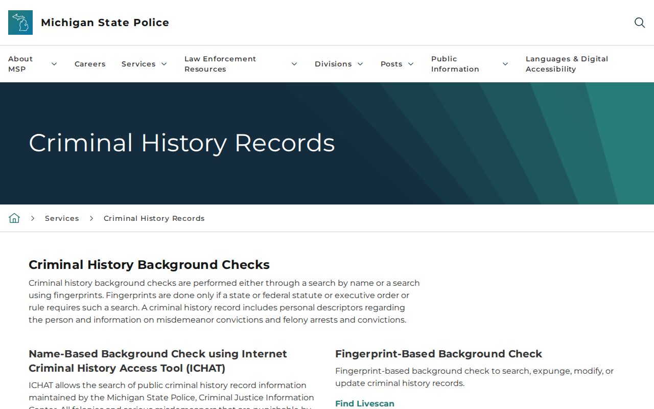 Keweenaw County warrant check page showing the Michigan State Police criminal history search limits