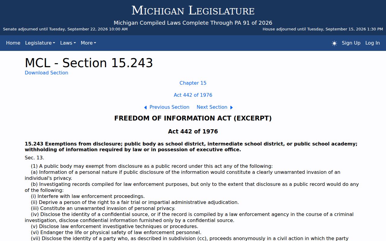 Keweenaw County active warrant search page showing the Michigan FOIA law enforcement exemption