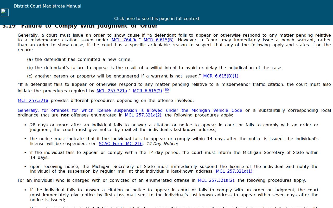 Keweenaw County traffic warrant page showing Michigan guidance on failure to comply and license suspension