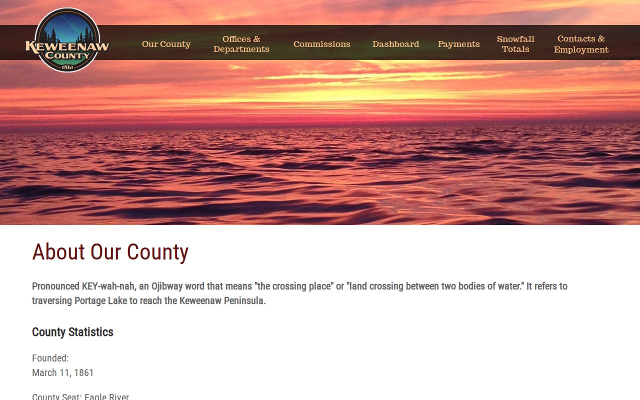 Keweenaw County municipal warrant page showing the county profile and township structure