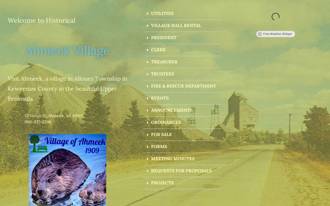Ahmeek warrant records page showing the official Ahmeek village website in Keweenaw County